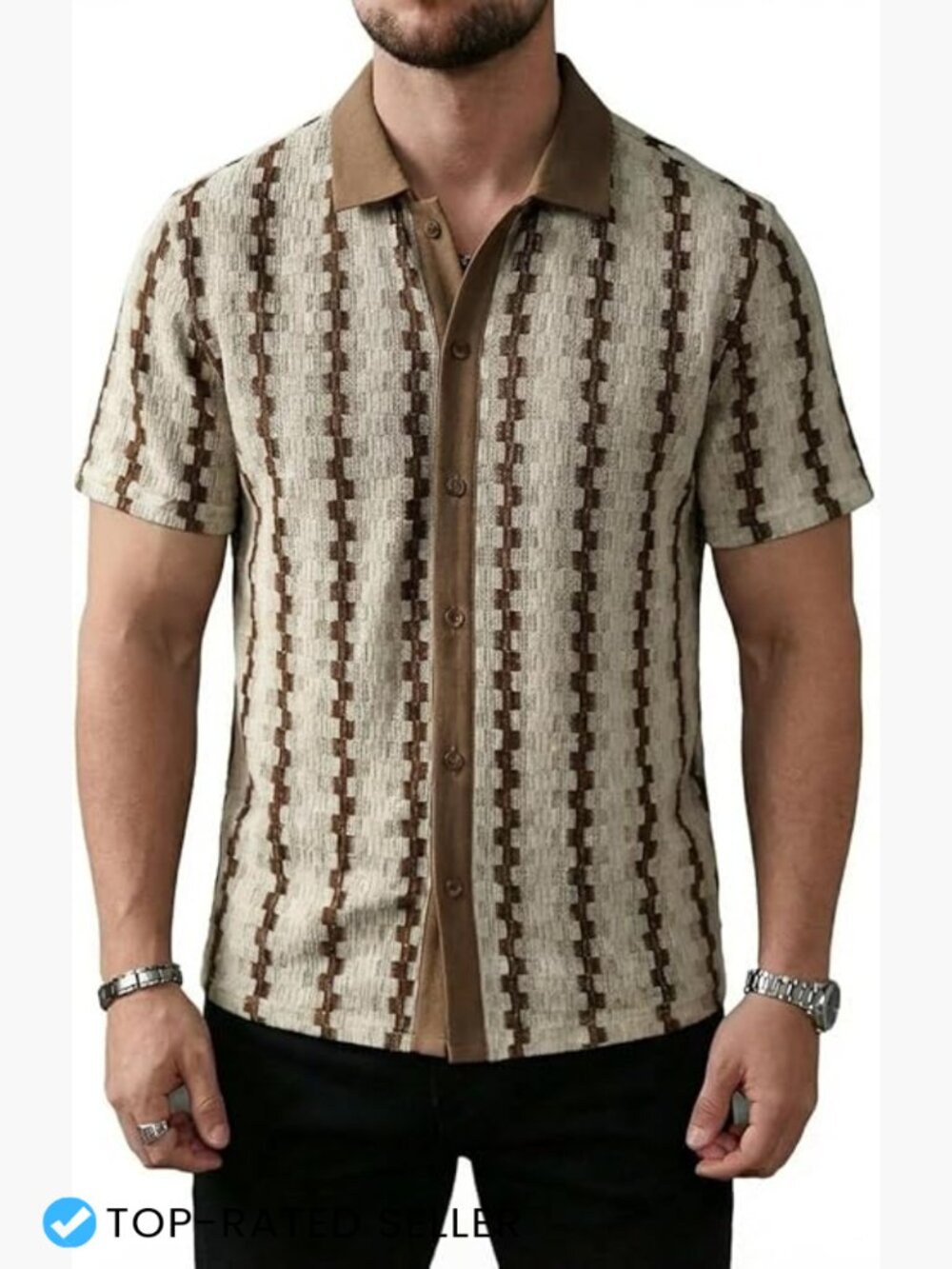 Men's Textured Short Sleeve Button Down Shirt Loose Fit Crew Neck Casual